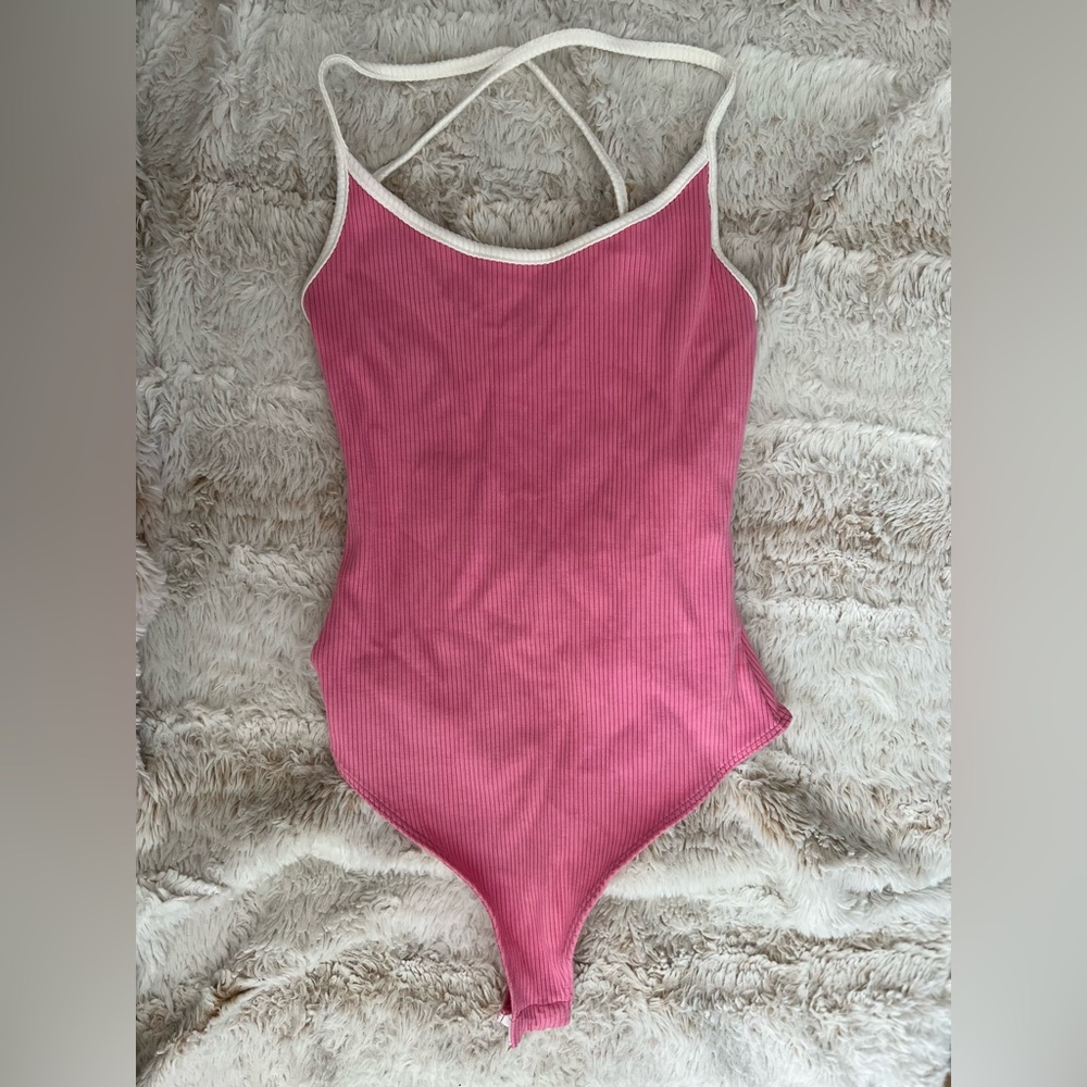 Fashion Nova Pink and White Bodysuit with Strappy Back